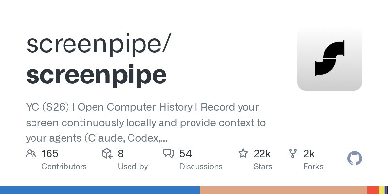 GitHub - screenpipe/screenpipe: YC (S26) | Open Computer History | Record your screen continuously locally and provide context…