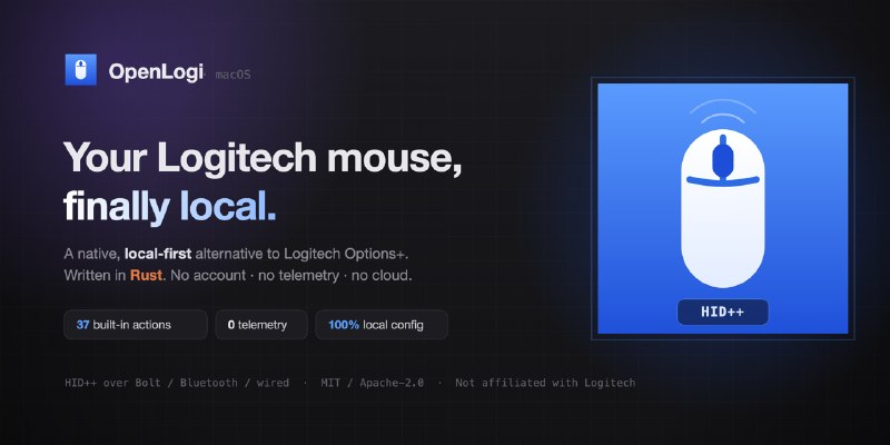 GitHub - AprilNEA/OpenLogi: ⚡️A native, local-first alternative to Logitech Options+, written in Rust 🦀 — remap buttons, DPI, and…