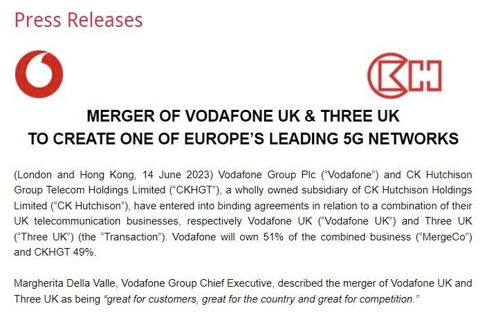 英国沃达丰(Vodafone)和英国 3(Three)正式合并